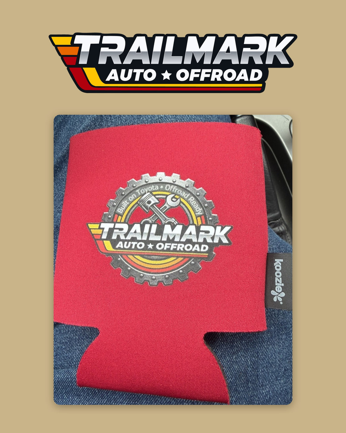 Red Trailmark koozie with the gear badge logo