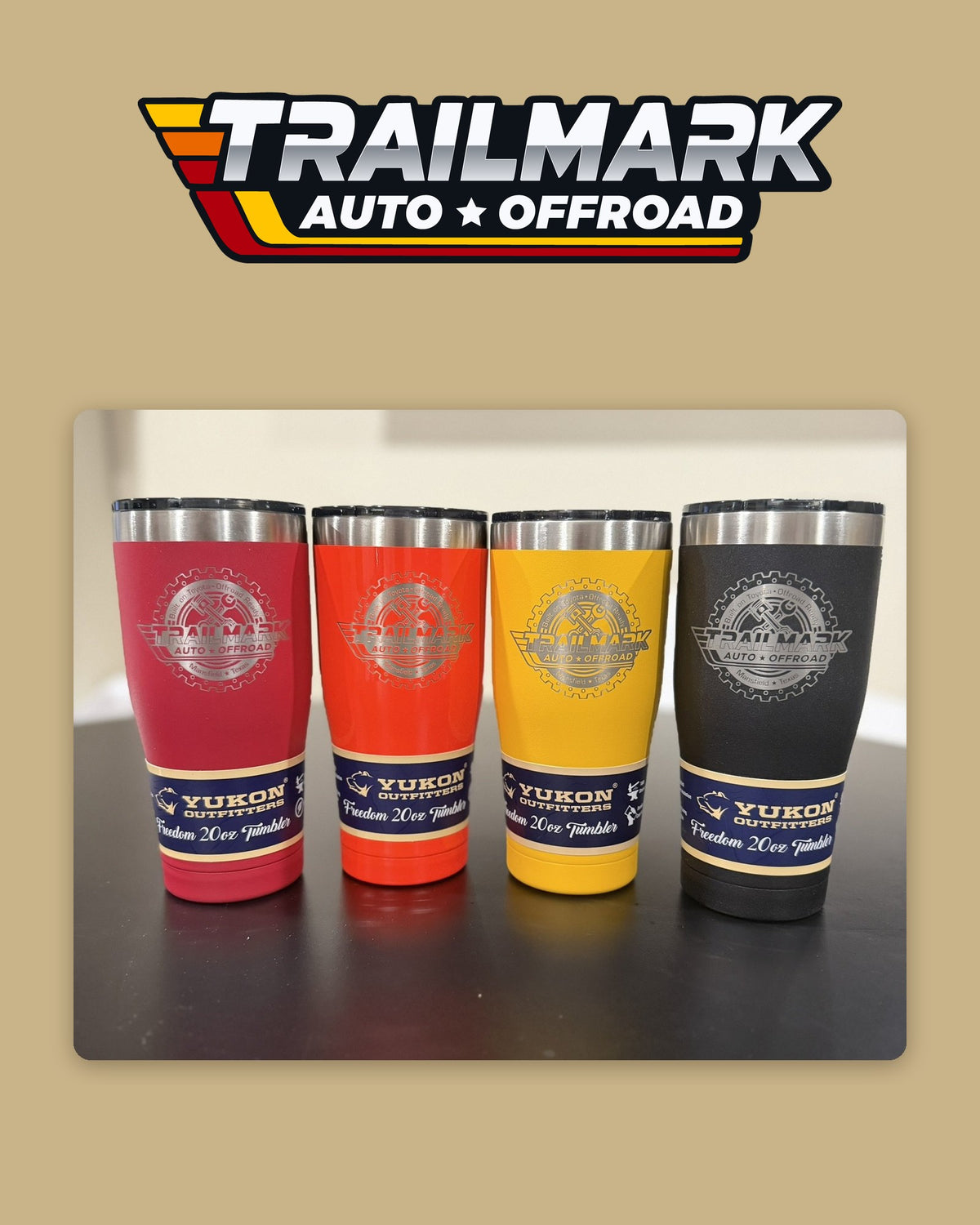 Trailmark engraved tumblers in red, orange, gold and black