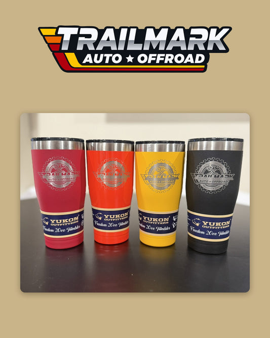 Trailmark engraved tumblers in red, orange, gold and black