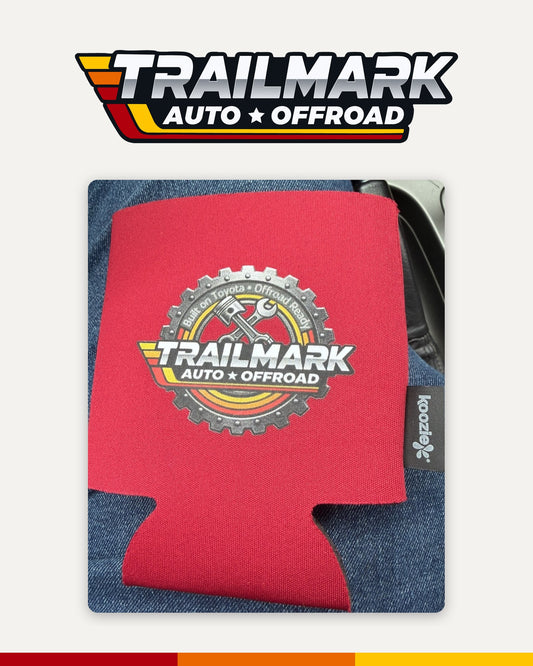Red Trailmark koozie with the gear badge logo