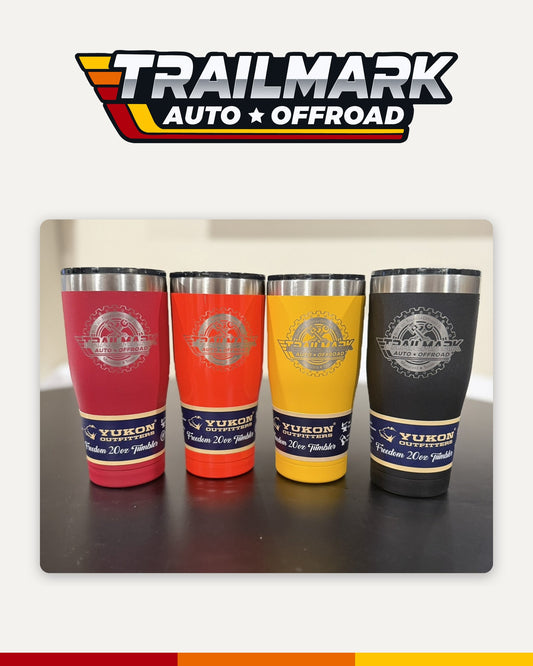 Trailmark engraved tumblers in red, orange, gold and black