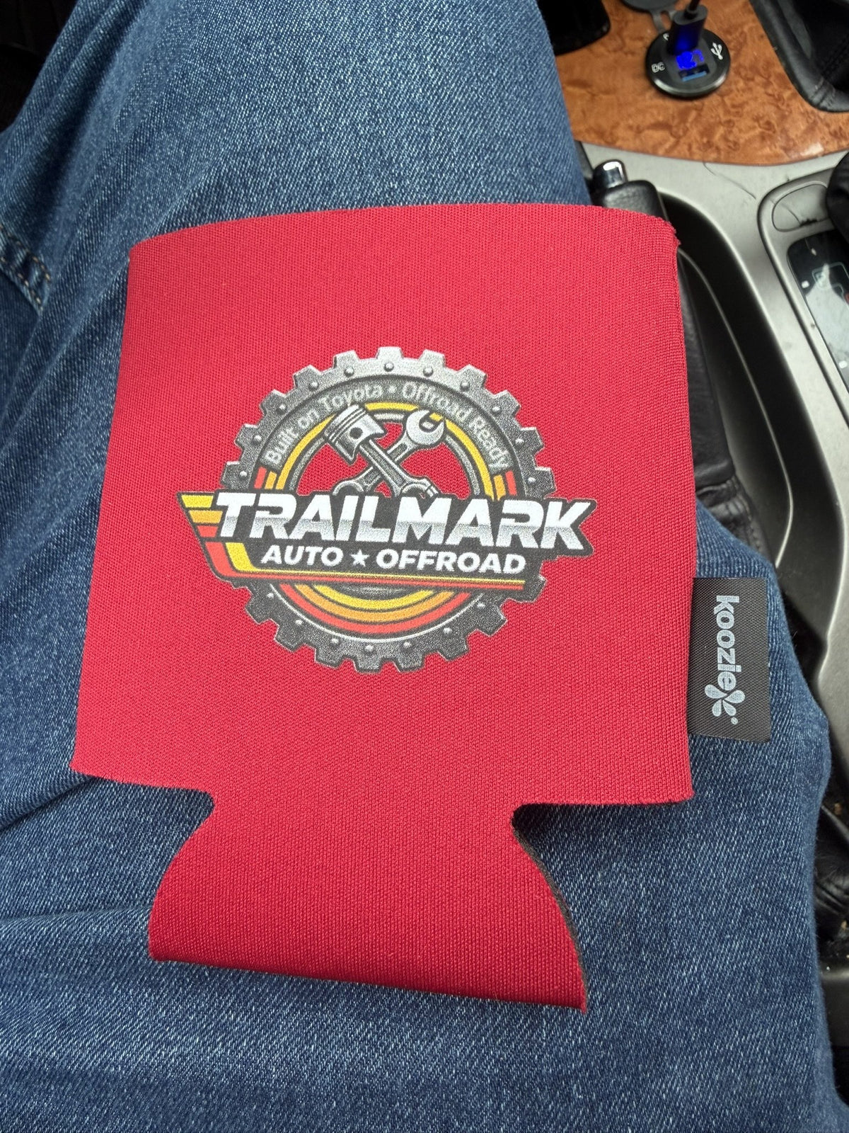Red Trailmark koozie