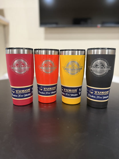 Four engraved Trailmark tumblers in red, orange, gold and black