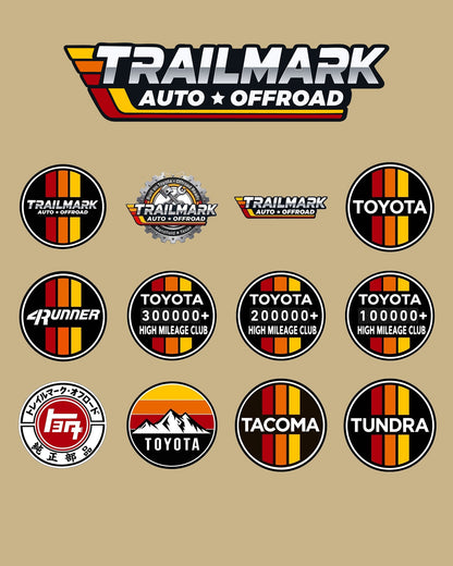Trailmark stickers: Toyota, 4Runner, Tacoma, Tundra, High Mileage Club and Trailmark designs